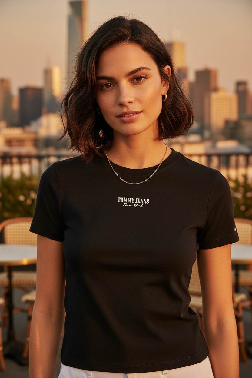 T-Shirt Slim Tommy Jeans porté — ambiance rooftop NYC / café Paris