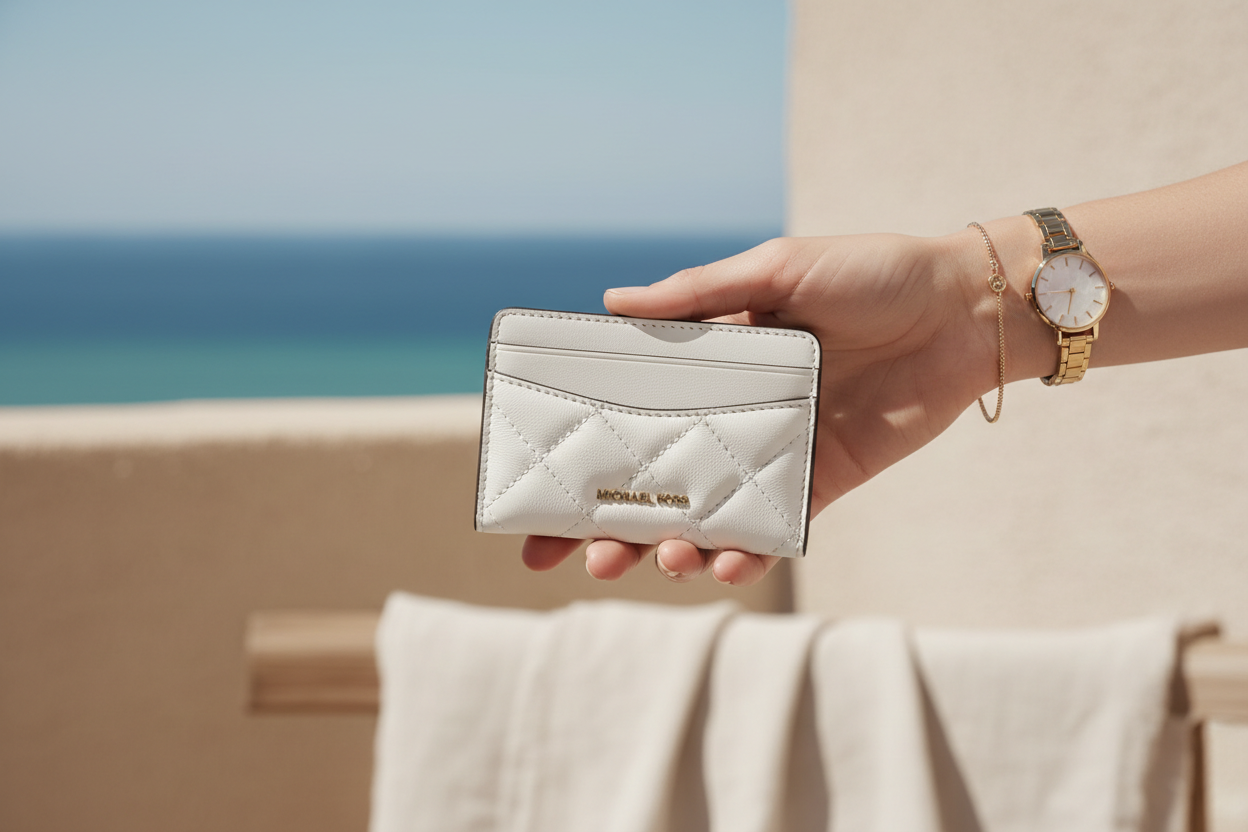 Femme tenant un porte-cartes Michael Kors matelassé blanc optique, ambiance Riviera ensoleillée